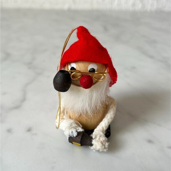 Vintage Kurt Adler Santa Gnome with Glasses and Bottle Wooden Christmas Ornament - Picture 2 of 7